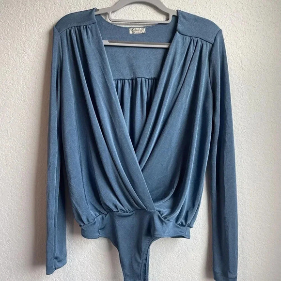 Free People Intimately Turnt Bodysuit Slate Blue Small V Neck Wrap Long Sleeve - Picture 4 of 10